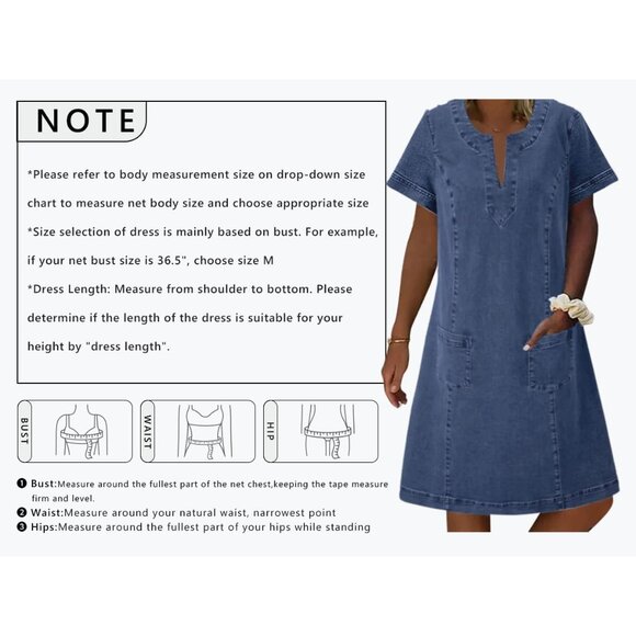 Women Denim Dress Short Sleeve Midi A-line Casual Summer Shift - Picture 5 of 5